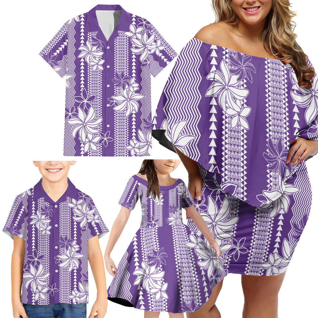 Hawaii Kakau Tribal Family Matching Off Shoulder Short Dress and Hawaiian Shirt With Purple Tiare LT05 - Polynesian Pride