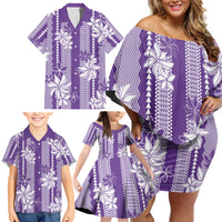 Hawaii Kakau Tribal Family Matching Off Shoulder Short Dress and Hawaiian Shirt With Purple Tiare LT05 - Polynesian Pride