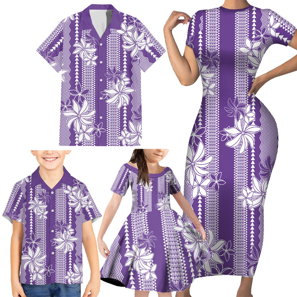 Hawaii Kakau Tribal Family Matching Short Sleeve Bodycon Dress and Hawaiian Shirt With Purple Tiare LT05 - Polynesian Pride