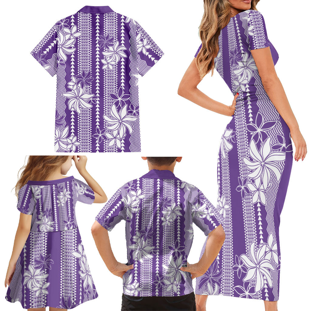 Hawaii Kakau Tribal Family Matching Short Sleeve Bodycon Dress and Hawaiian Shirt With Purple Tiare LT05 - Polynesian Pride