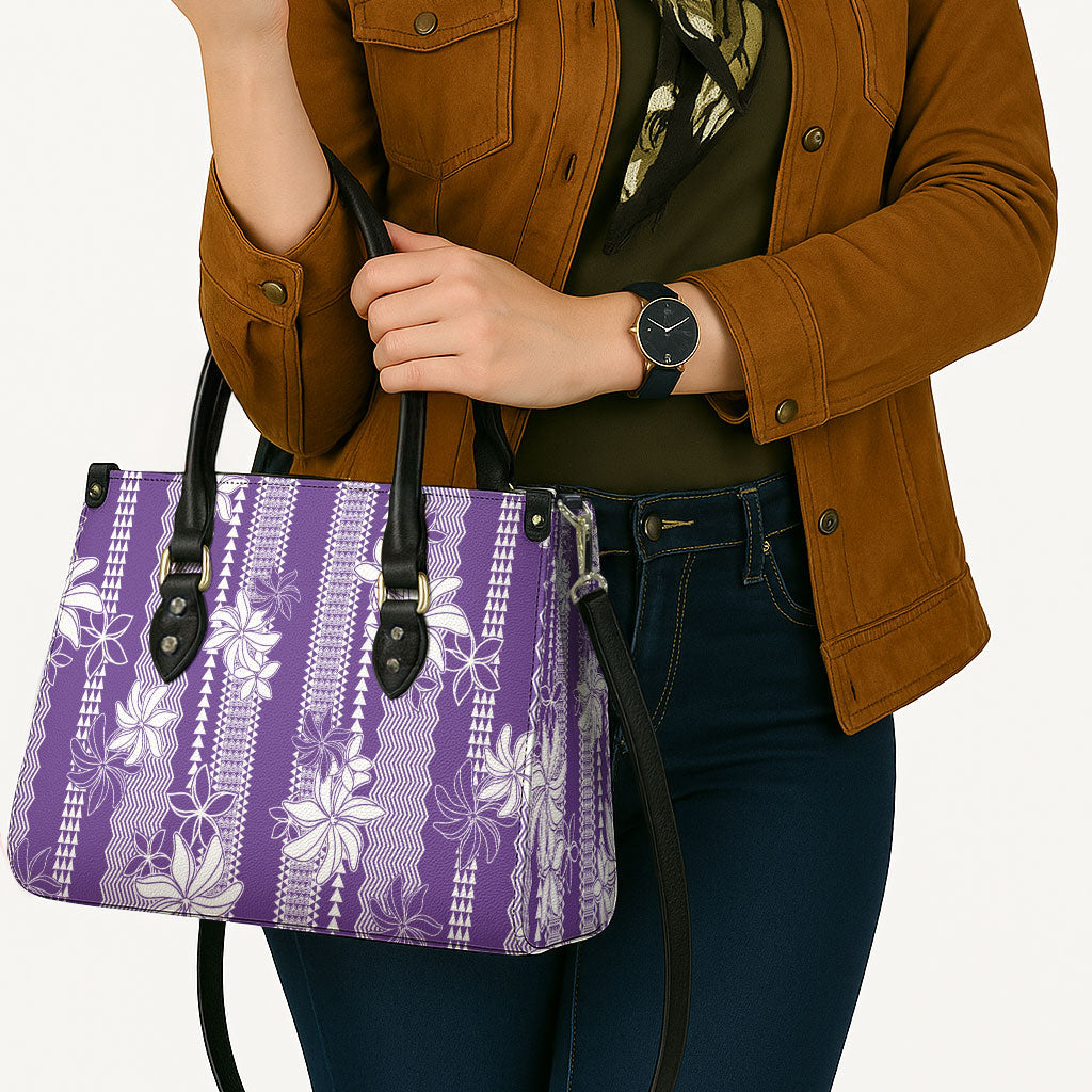 Hawaii Kakau Tribal Leather Bag With Purple Tiare LT05 - Polynesian Pride