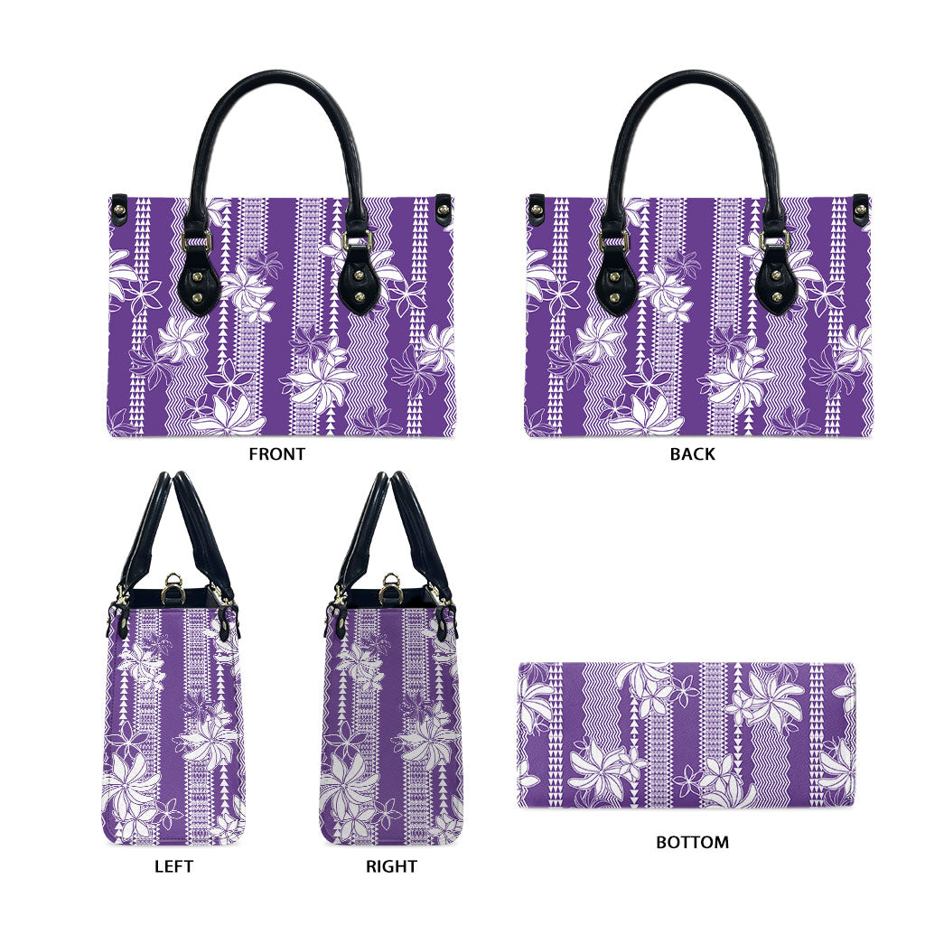 Hawaii Kakau Tribal Leather Bag With Purple Tiare LT05 - Polynesian Pride
