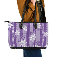 Hawaii Kakau Tribal Leather Tote Bag With Purple Tiare