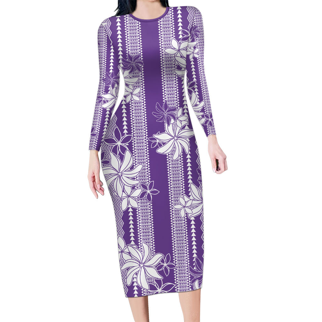 Hawaii Kakau Tribal Long Sleeve Bodycon Dress With Purple Tiare
