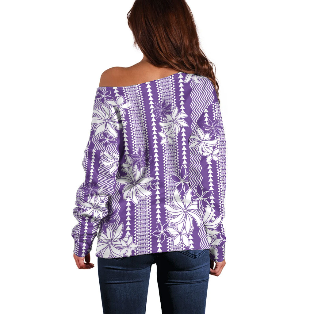 Hawaii Kakau Tribal Off Shoulder Sweater With Purple Tiare