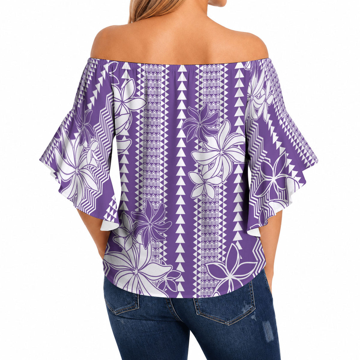 Hawaii Kakau Tribal Off Shoulder Wrap Waist Top With Purple Tiare LT05 - Polynesian Pride