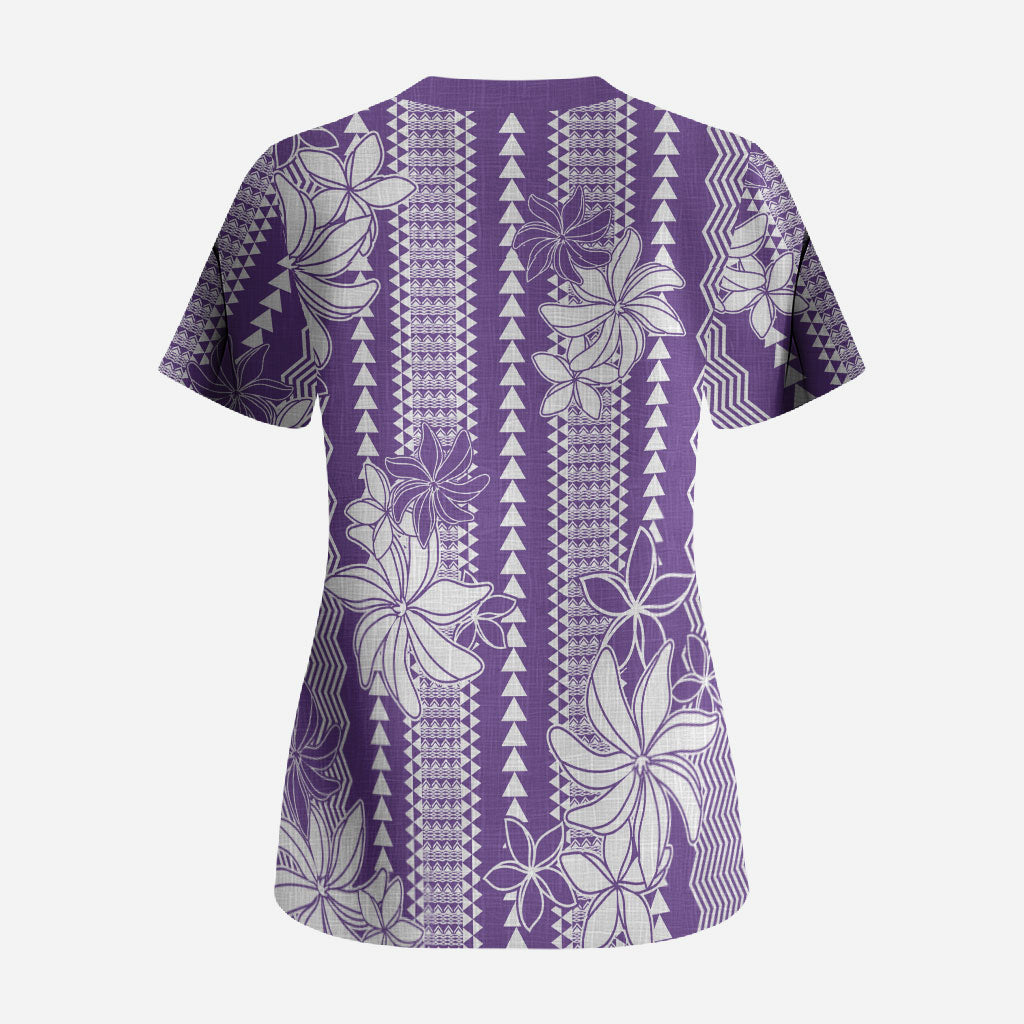 Hawaii Kakau Tribal Scrub Top With Purple Tiare LT05 - Polynesian Pride