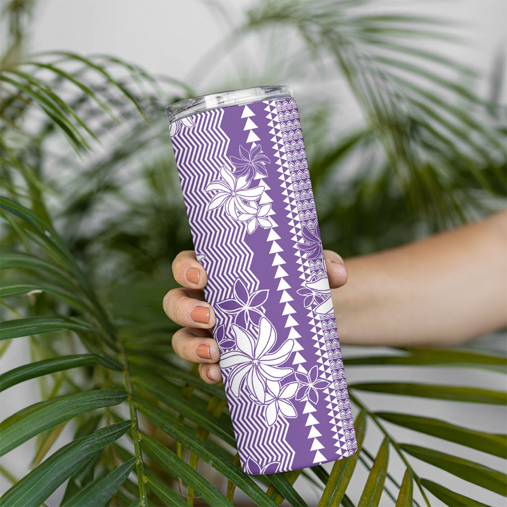 Hawaii Kakau Tribal Skinny Tumbler With Purple Tiare LT05 - Polynesian Pride