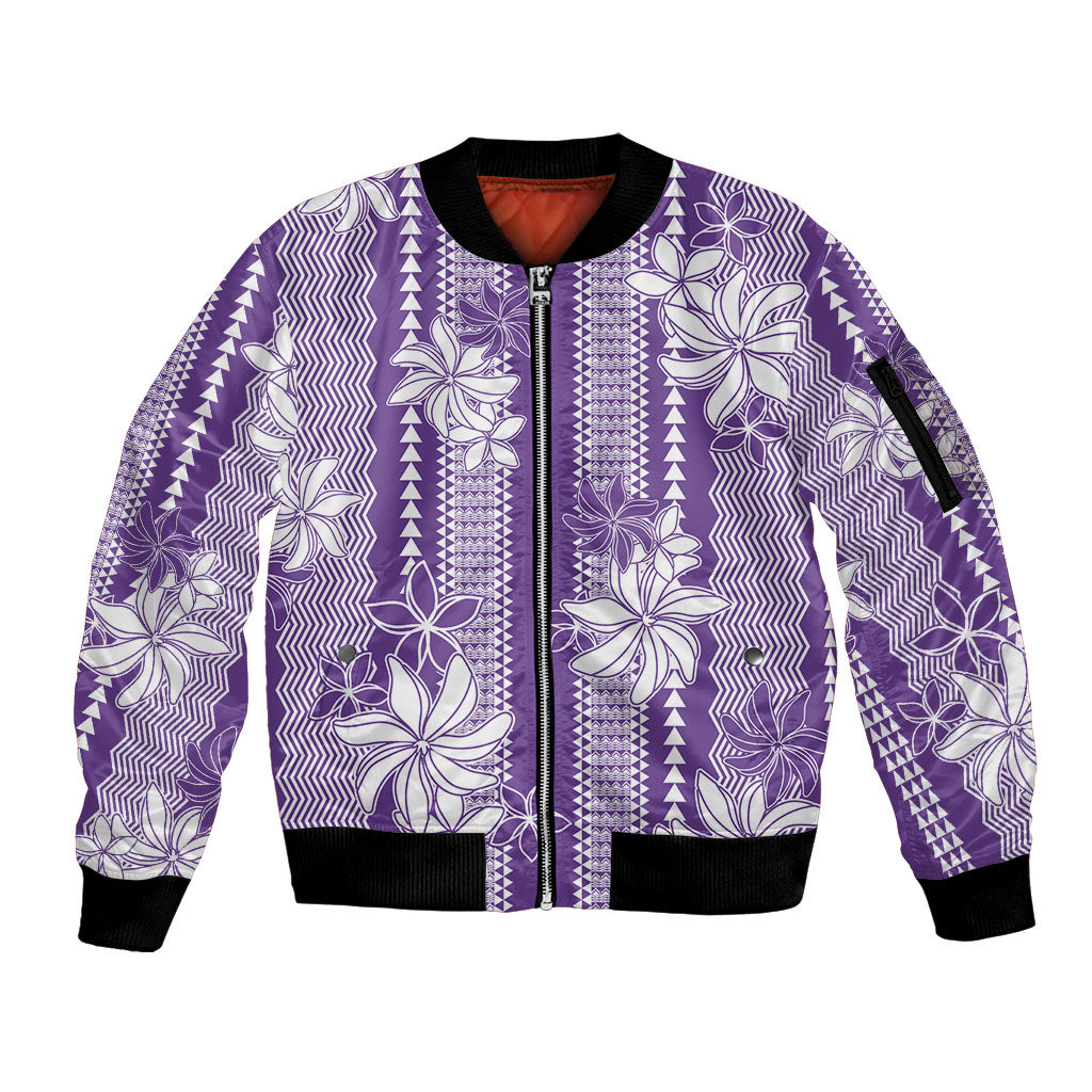 Hawaii Kakau Tribal Sleeve Zip Bomber Jacket With Purple Tiare