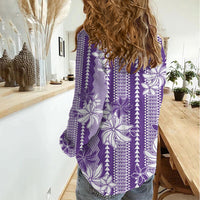 Hawaii Kakau Tribal Women Casual Shirt With Purple Tiare LT05 - Polynesian Pride