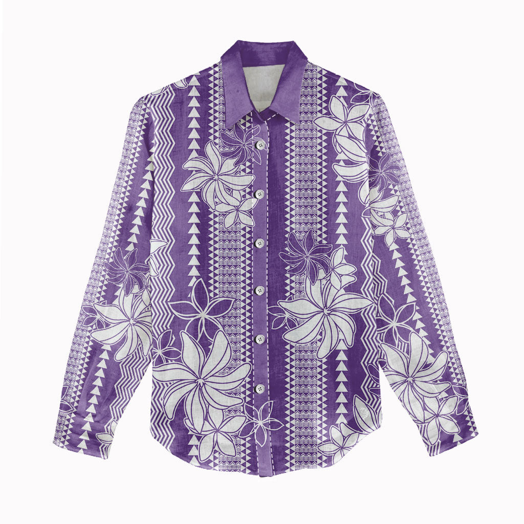 Hawaii Kakau Tribal Women Casual Shirt With Purple Tiare LT05 - Polynesian Pride