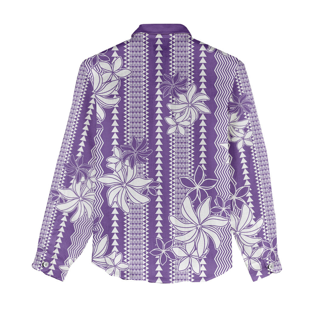 Hawaii Kakau Tribal Women Casual Shirt With Purple Tiare LT05 - Polynesian Pride