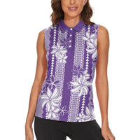 Hawaii Kakau Tribal Women Sleeveless Polo Shirt With Purple Tiare LT05 - Polynesian Pride