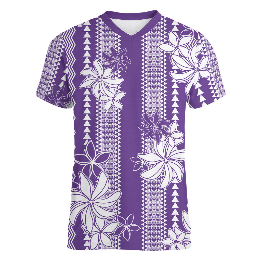 Hawaii Kakau Tribal Women V-Neck T-Shirt With Purple Tiare LT05 Female Purple - Polynesian Pride
