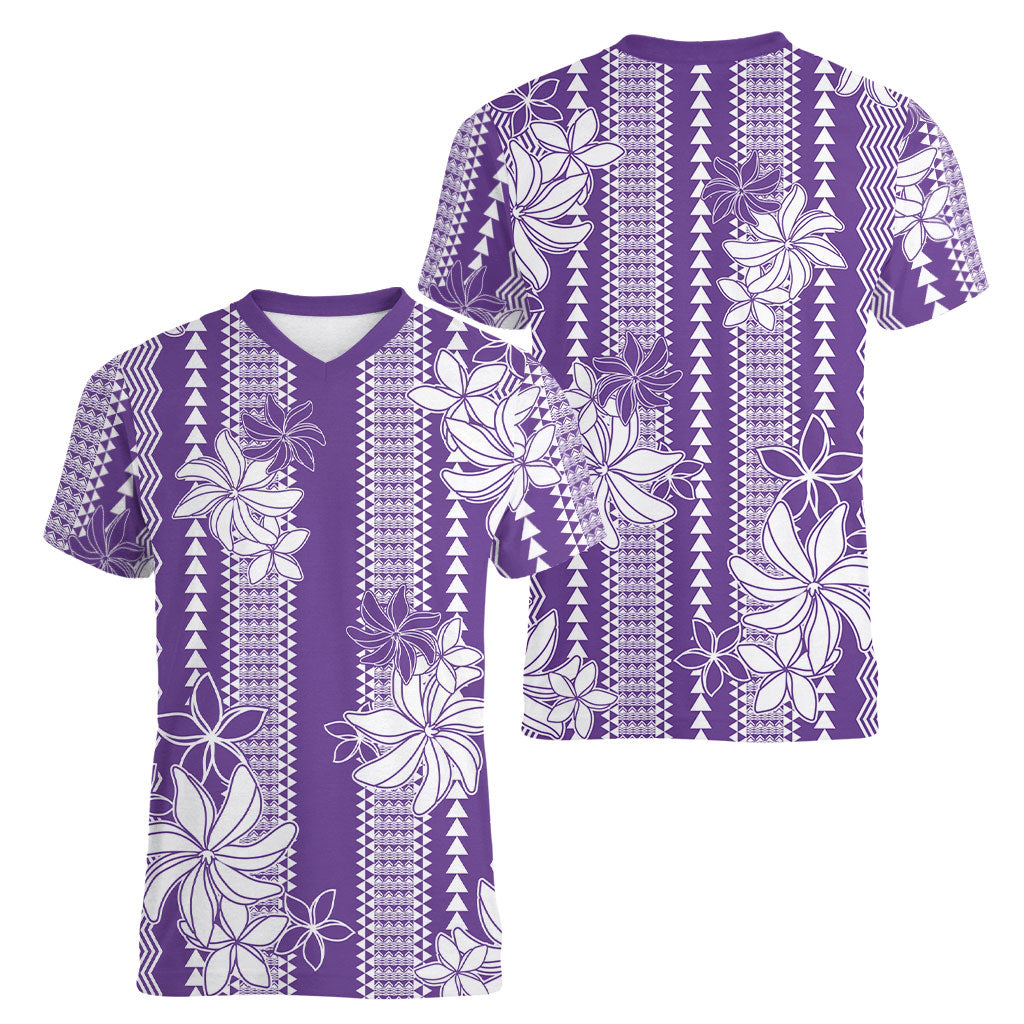 Hawaii Kakau Tribal Women V-Neck T-Shirt With Purple Tiare LT05 - Polynesian Pride
