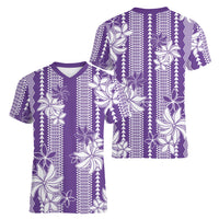 Hawaii Kakau Tribal Women V-Neck T-Shirt With Purple Tiare LT05 - Polynesian Pride