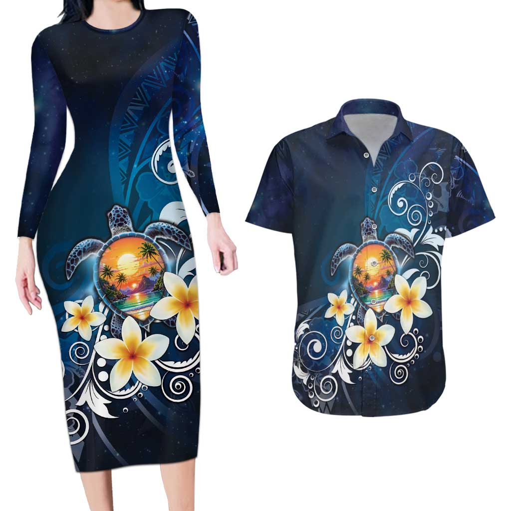 Hawaii Honu Couples Matching Long Sleeve Bodycon Dress and Hawaiian Shirt Polynesian Curves Plumeria LT05 Navy - Polynesian Pride