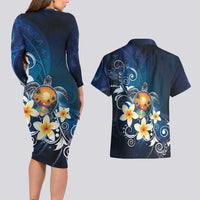Hawaii Honu Couples Matching Long Sleeve Bodycon Dress and Hawaiian Shirt Polynesian Curves Plumeria LT05 - Polynesian Pride