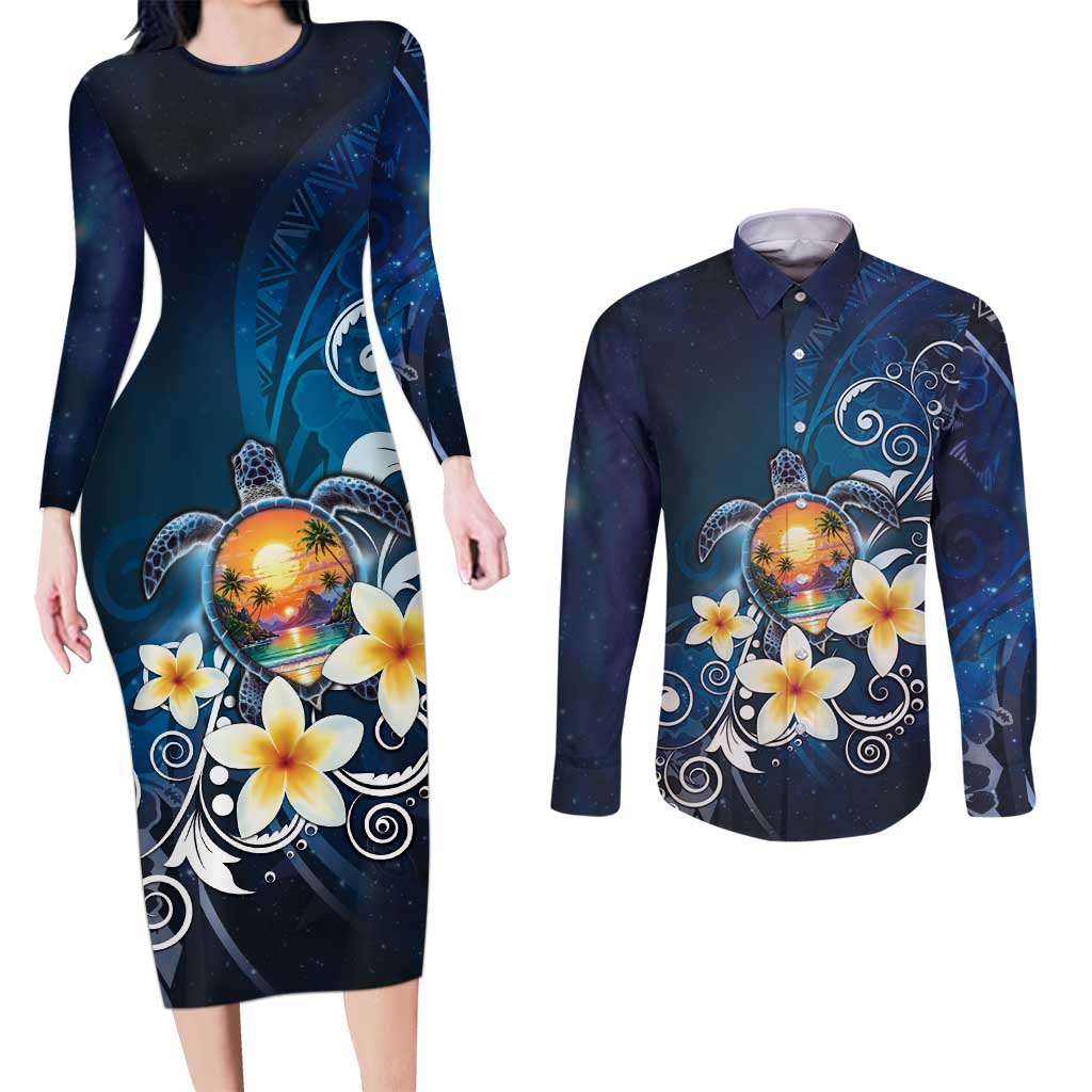 Hawaii Honu Couples Matching Long Sleeve Bodycon Dress and Long Sleeve Button Shirt Polynesian Curves Plumeria LT05 Navy - Polynesian Pride
