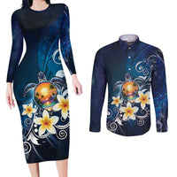 Hawaii Honu Couples Matching Long Sleeve Bodycon Dress and Long Sleeve Button Shirt Polynesian Curves Plumeria LT05 Navy - Polynesian Pride