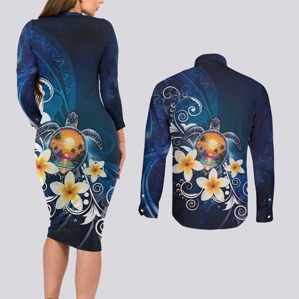 Hawaii Honu Couples Matching Long Sleeve Bodycon Dress and Long Sleeve Button Shirt Polynesian Curves Plumeria LT05 - Polynesian Pride