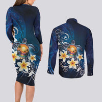 Hawaii Honu Couples Matching Long Sleeve Bodycon Dress and Long Sleeve Button Shirt Polynesian Curves Plumeria LT05 - Polynesian Pride