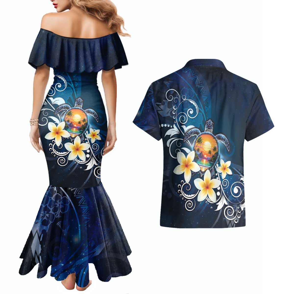 Hawaii Honu Couples Matching Mermaid Dress and Hawaiian Shirt Polynesian Curves Plumeria LT05 - Polynesian Pride