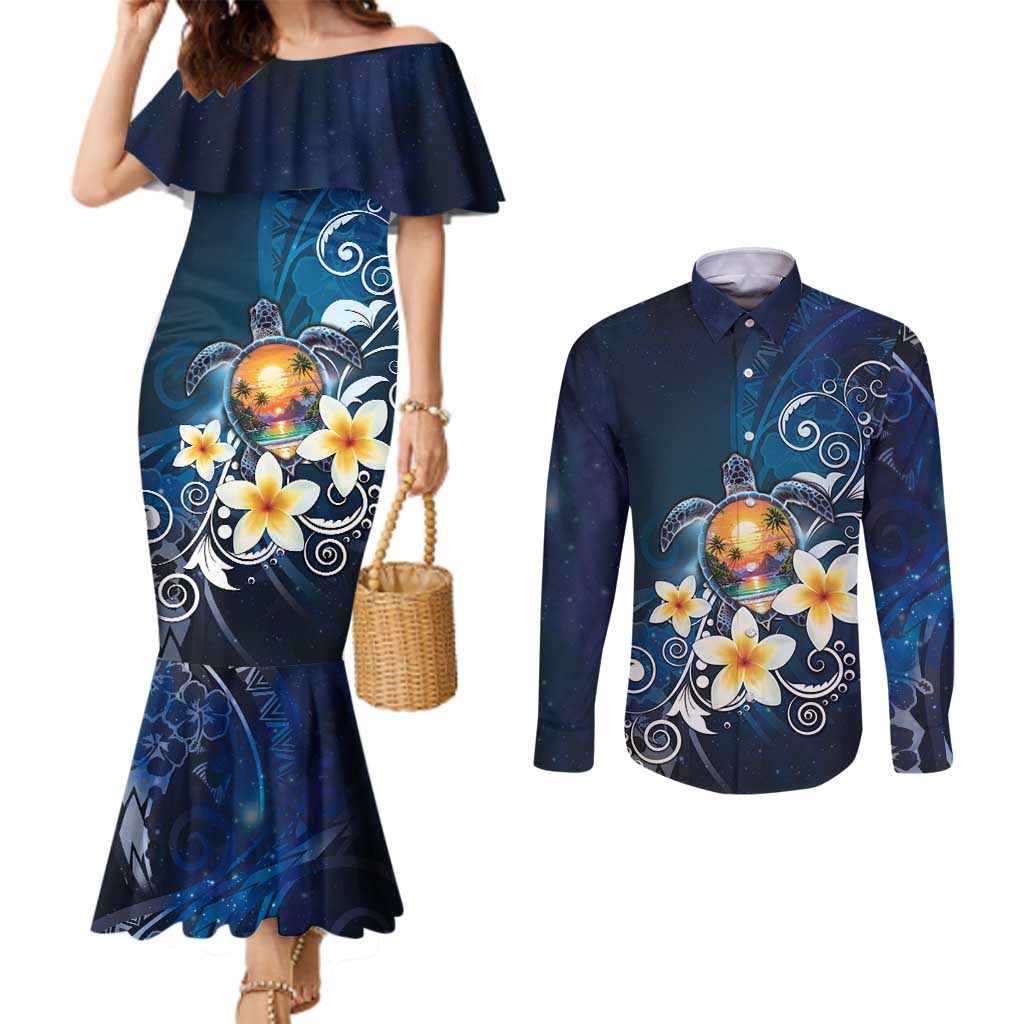 Hawaii Honu Couples Matching Mermaid Dress and Long Sleeve Button Shirt Polynesian Curves Plumeria - Polynesian Pride