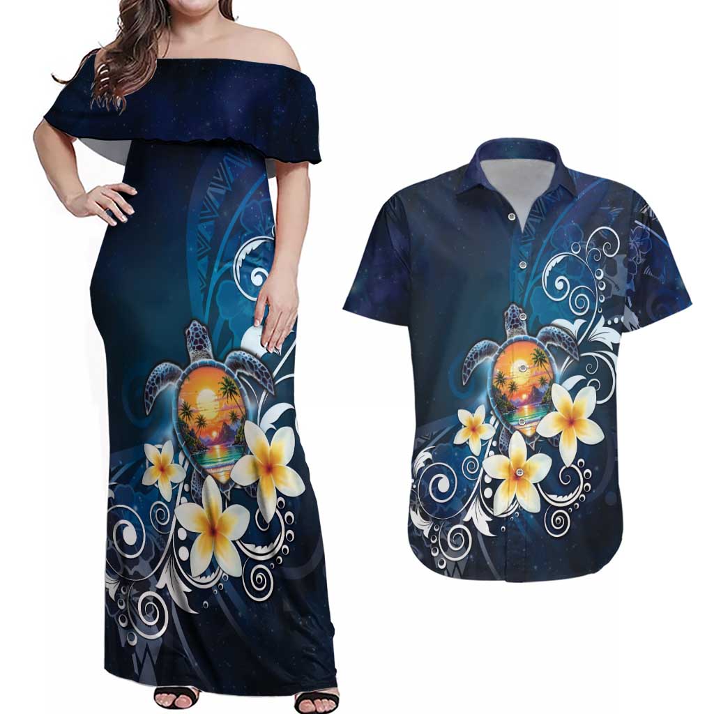 Hawaii Honu Couples Matching Off Shoulder Maxi Dress and Hawaiian Shirt - Polynesian Curves Plumeria LT05 Navy - Polynesian Pride