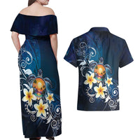 Hawaii Honu Couples Matching Off Shoulder Maxi Dress and Hawaiian Shirt - Polynesian Curves Plumeria LT05 - Polynesian Pride