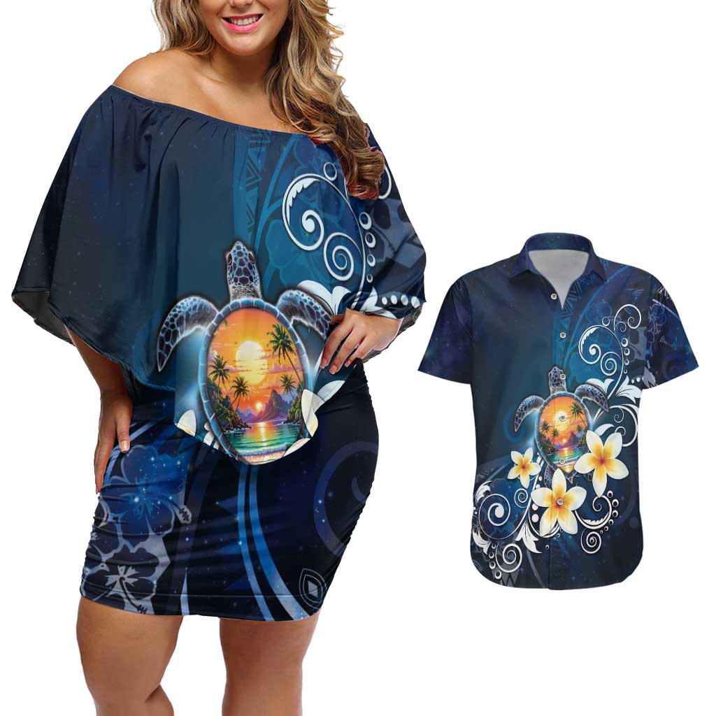 Hawaii Honu Couples Matching Off Shoulder Short Dress and Hawaiian Shirt Polynesian Curves Plumeria LT05 Navy - Polynesian Pride