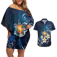Hawaii Honu Couples Matching Off Shoulder Short Dress and Hawaiian Shirt Polynesian Curves Plumeria LT05 Navy - Polynesian Pride