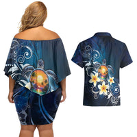 Hawaii Honu Couples Matching Off Shoulder Short Dress and Hawaiian Shirt Polynesian Curves Plumeria LT05 - Polynesian Pride
