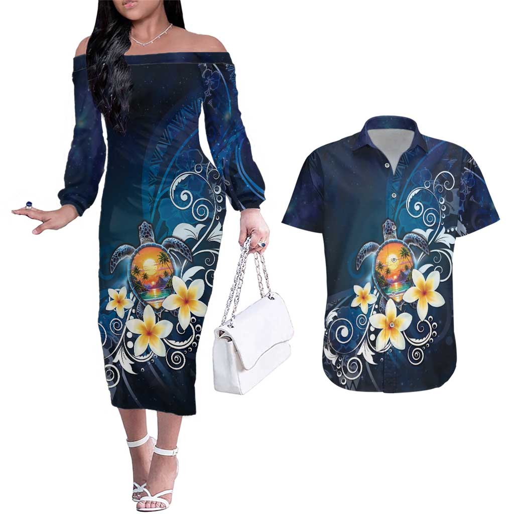 Hawaii Honu Couples Matching Off The Shoulder Long Sleeve Dress and Hawaiian Shirt Polynesian Curves Plumeria LT05 Navy - Polynesian Pride