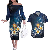 Hawaii Honu Couples Matching Off The Shoulder Long Sleeve Dress and Hawaiian Shirt Polynesian Curves Plumeria LT05 Navy - Polynesian Pride