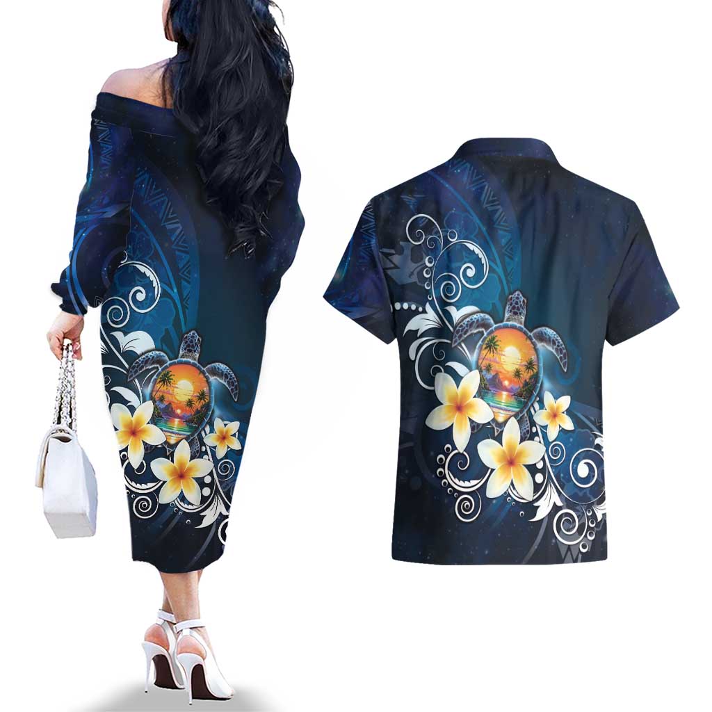 Hawaii Honu Couples Matching Off The Shoulder Long Sleeve Dress and Hawaiian Shirt Polynesian Curves Plumeria LT05 - Polynesian Pride