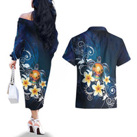 Hawaii Honu Couples Matching Off The Shoulder Long Sleeve Dress and Hawaiian Shirt Polynesian Curves Plumeria LT05 - Polynesian Pride
