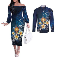 Hawaii Honu Couples Matching Off The Shoulder Long Sleeve Dress and Long Sleeve Button Shirt Polynesian Curves Plumeria LT05 Navy - Polynesian Pride