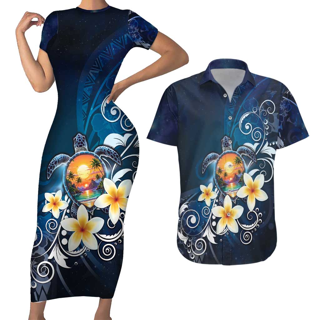 Hawaii Honu Couples Matching Short Sleeve Bodycon Dress and Hawaiian Shirt Polynesian Curves Plumeria LT05 Navy - Polynesian Pride