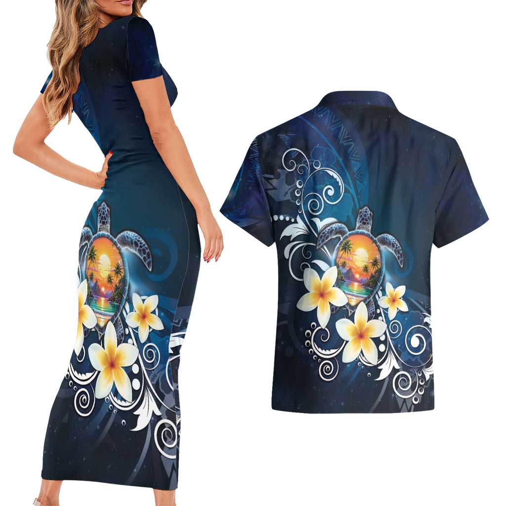 Hawaii Honu Couples Matching Short Sleeve Bodycon Dress and Hawaiian Shirt Polynesian Curves Plumeria LT05 - Polynesian Pride