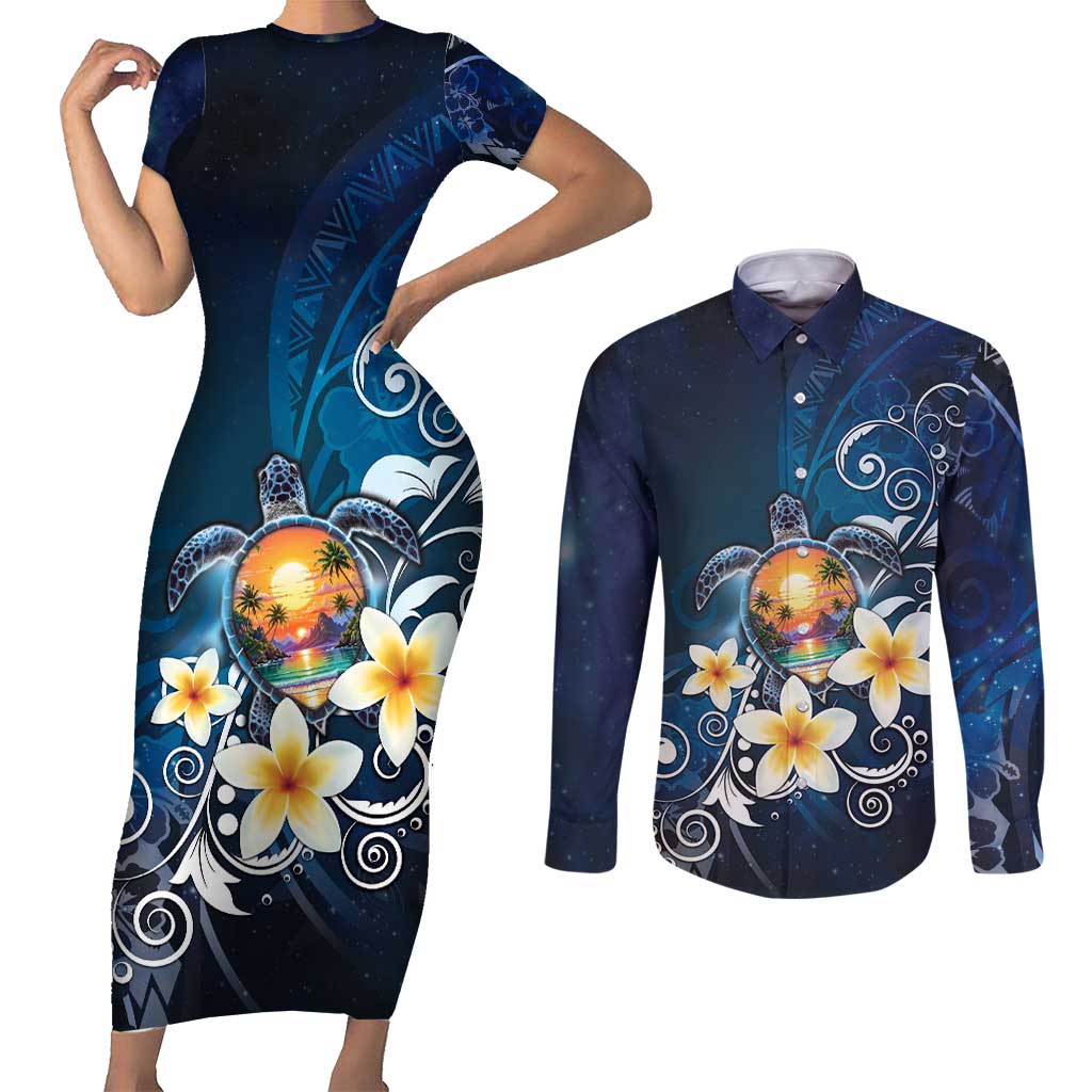 Hawaii Honu Couples Matching Short Sleeve Bodycon Dress and Long Sleeve Button Shirt Polynesian Curves Plumeria LT05 Navy - Polynesian Pride