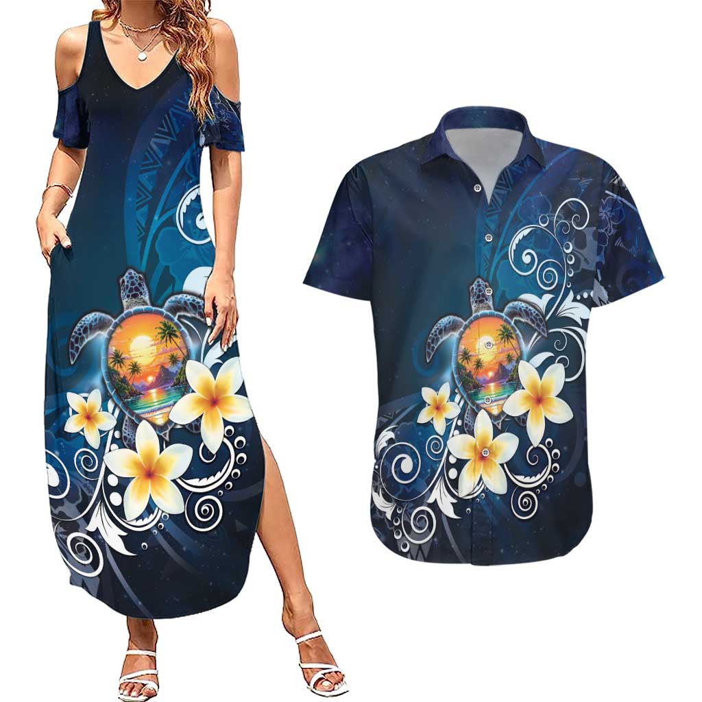 Hawaii Honu Couples Matching Summer Maxi Dress and Hawaiian Shirt Polynesian Curves Plumeria LT05 Navy - Polynesian Pride