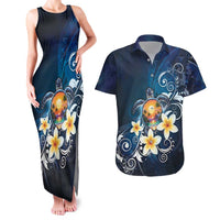 Hawaii Honu Couples Matching Tank Maxi Dress and Hawaiian Shirt - Polynesian Curves Plumeria LT05 Navy - Polynesian Pride