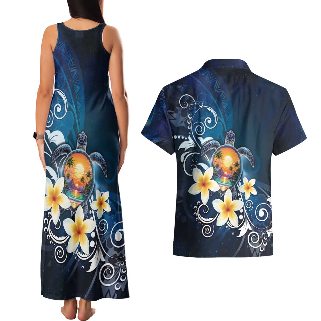 Hawaii Honu Couples Matching Tank Maxi Dress and Hawaiian Shirt - Polynesian Curves Plumeria LT05 - Polynesian Pride