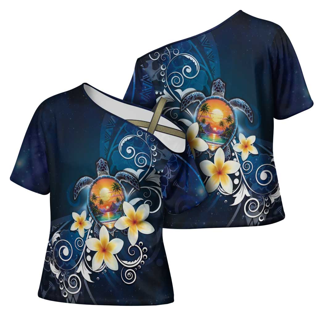 Hawaii Honu Cross Shoulder Shirt Polynesian Curves Plumeria - Polynesian Pride