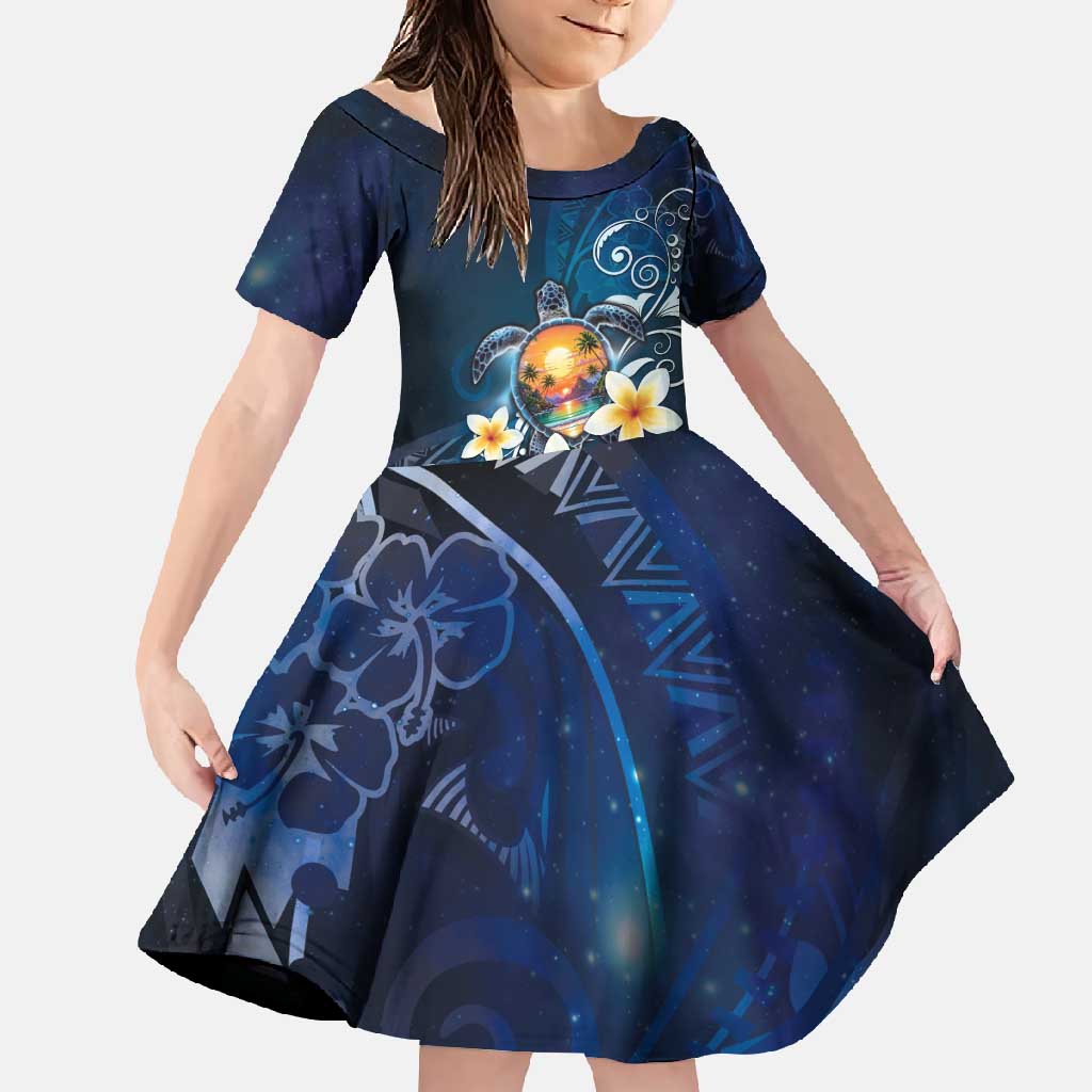 Hawaii Honu Family Matching Long Sleeve Bodycon Dress and Hawaiian Shirt Polynesian Curves Plumeria LT05 Daughter's Dress Navy - Polynesian Pride