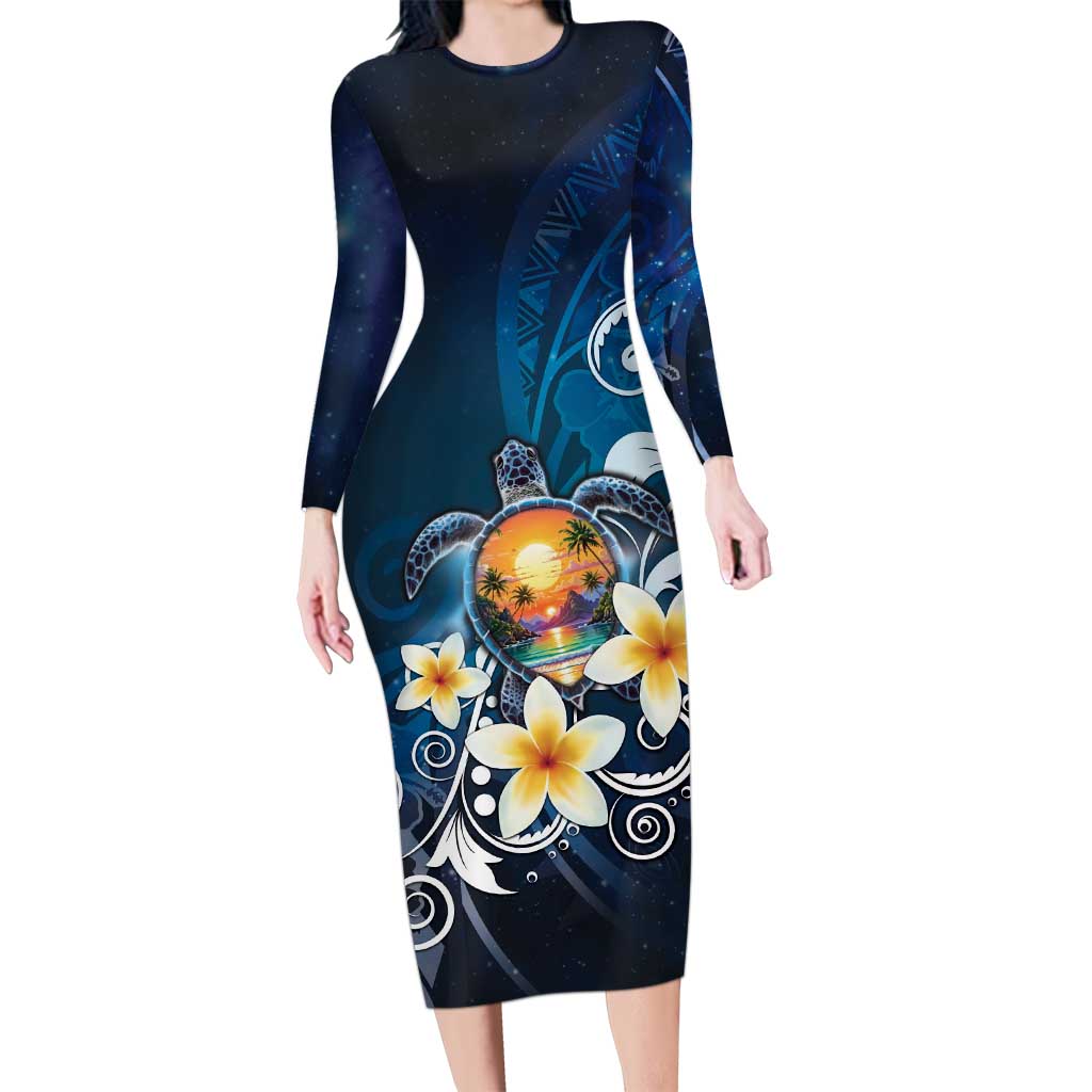 Hawaii Honu Family Matching Long Sleeve Bodycon Dress and Hawaiian Shirt Polynesian Curves Plumeria LT05 Mom's Dress Navy - Polynesian Pride