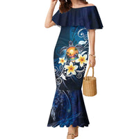 Hawaii Honu Family Matching Mermaid Dress and Hawaiian Shirt Polynesian Curves Plumeria LT05 Mom's Dress Navy - Polynesian Pride