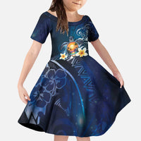 Hawaii Honu Family Matching Off The Shoulder Long Sleeve Dress and Hawaiian Shirt Polynesian Curves Plumeria LT05 Daughter's Dress Navy - Polynesian Pride