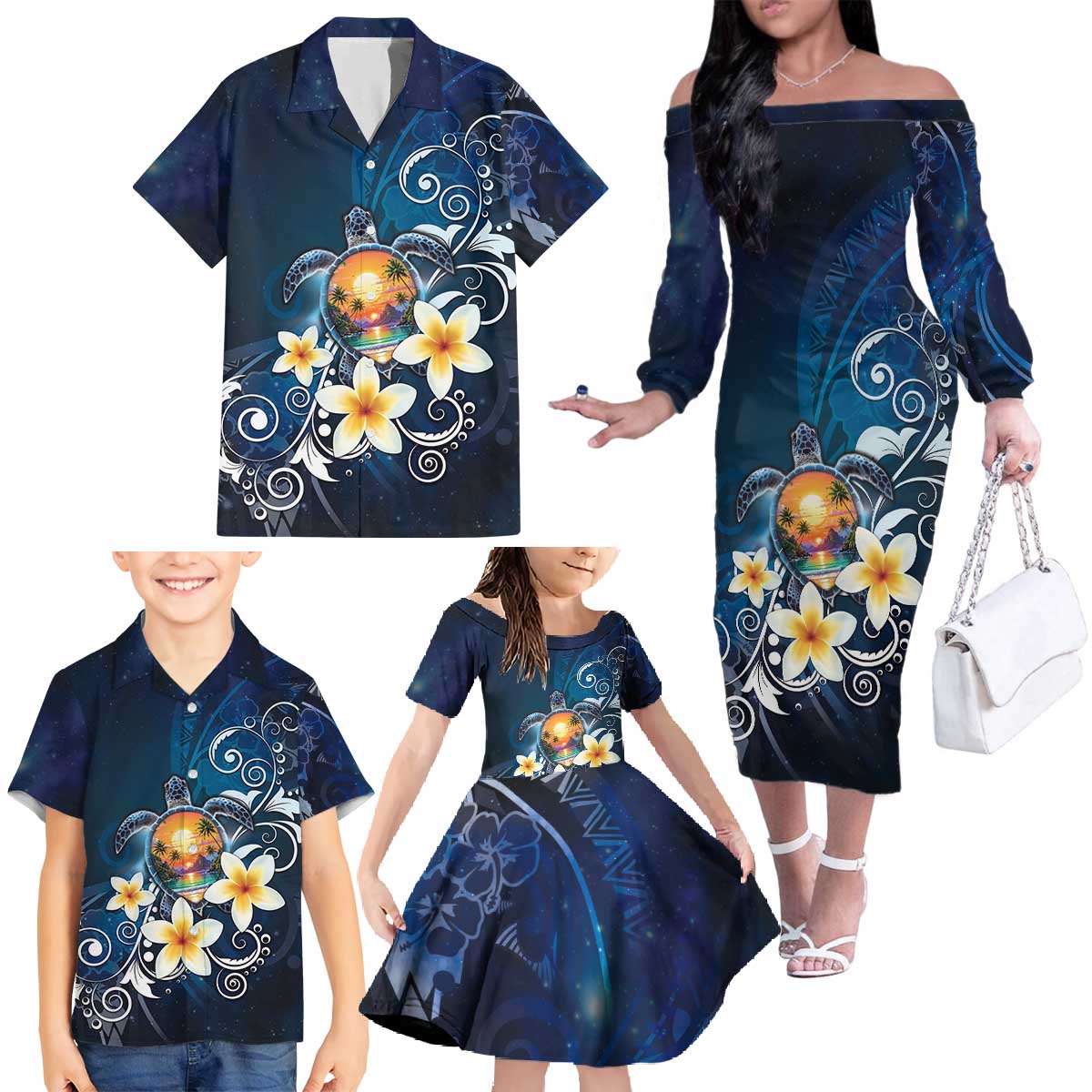 Hawaii Honu Family Matching Off The Shoulder Long Sleeve Dress and Hawaiian Shirt Polynesian Curves Plumeria LT05 - Polynesian Pride